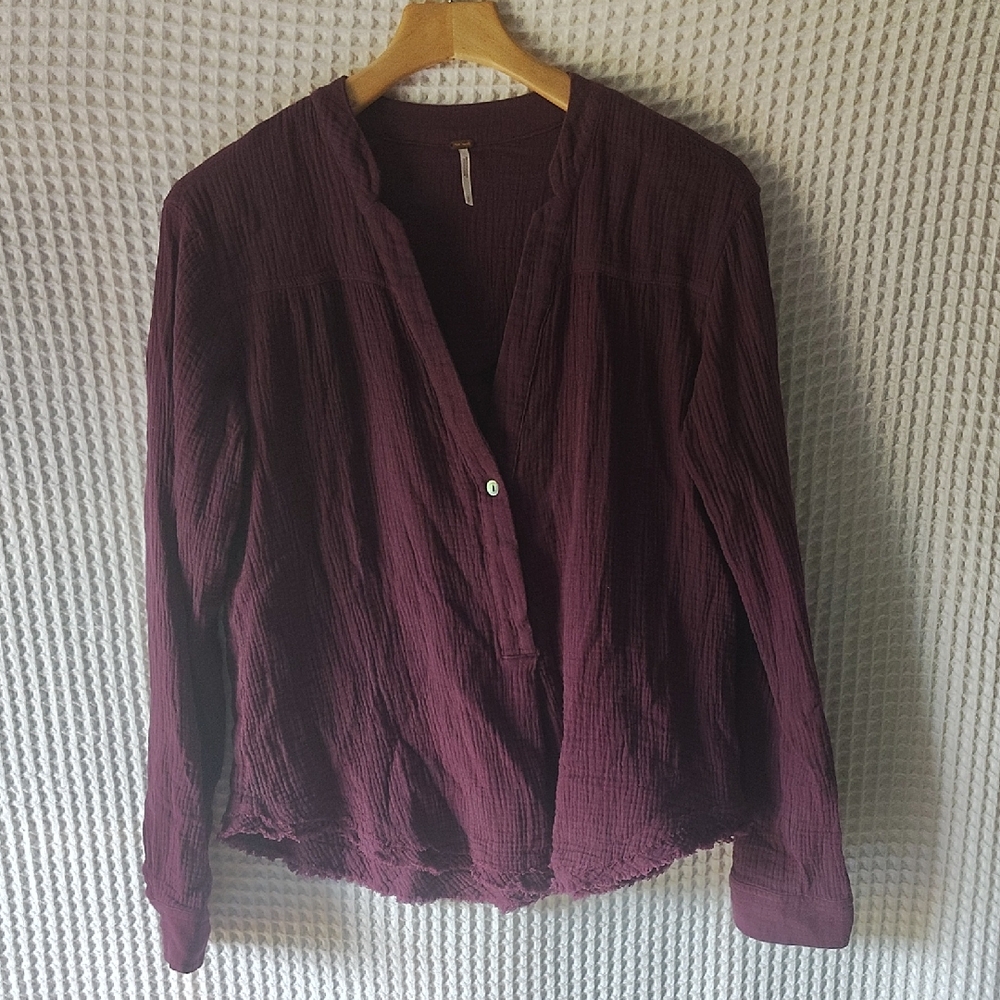 Free People Rich Purple Textured Top Long Sleeve Small